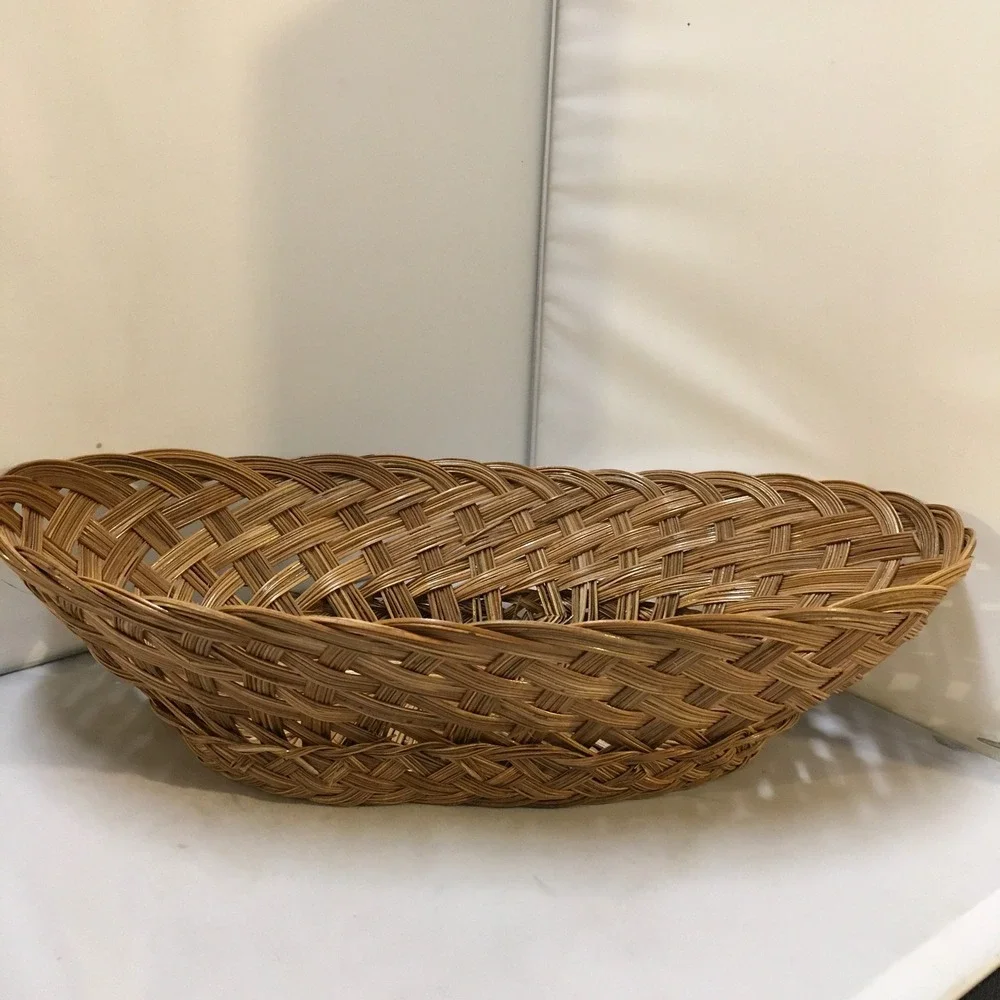 Woven Wicker Basket Large Brown Oval Boho Lattice Asian Bohemian Decor Bread